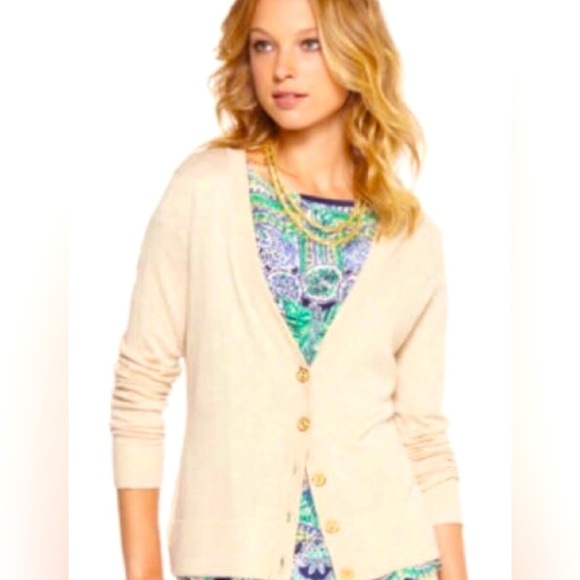 Lilly Pulitzer Heidi Gold Tan Button Up Long Sleeve V Neck Cardigan - Picture 1 of 4